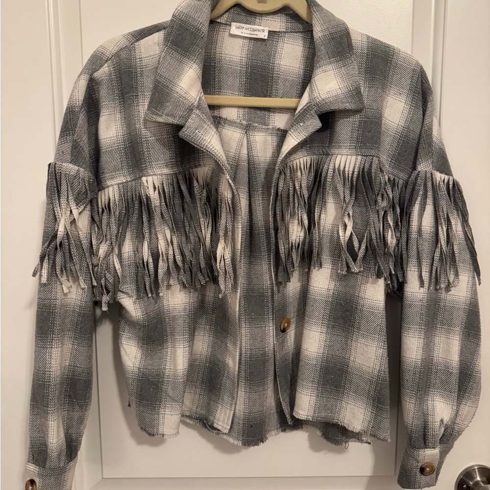 Grey and White Plaid Fringe Jacket/Shacket